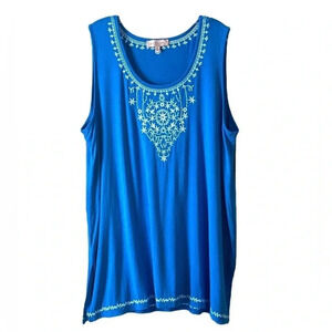 PHILOSOPHY | Women’s Embroidered Sleeveless Tunic Tank Blue White Size 2X